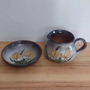 Vtg Weiningen Keramik Switzerland Pottery Pitcher & Bowl Hand Painted Floral